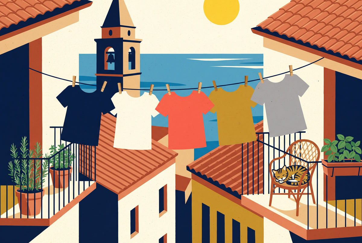 Vintage poster illustration: tees drying on a washing line between two balconies in Sirolo, bell tower and sea behind, a cat asleep on a chair