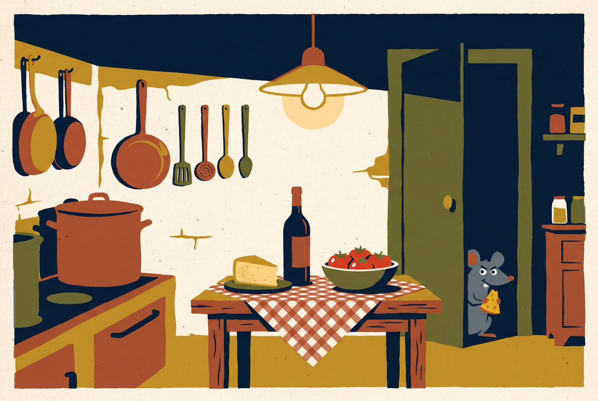 Vintage poster illustration: a trattoria kitchen at night, copper pans, and a small rat peeking out of the pantry with a piece of cheese