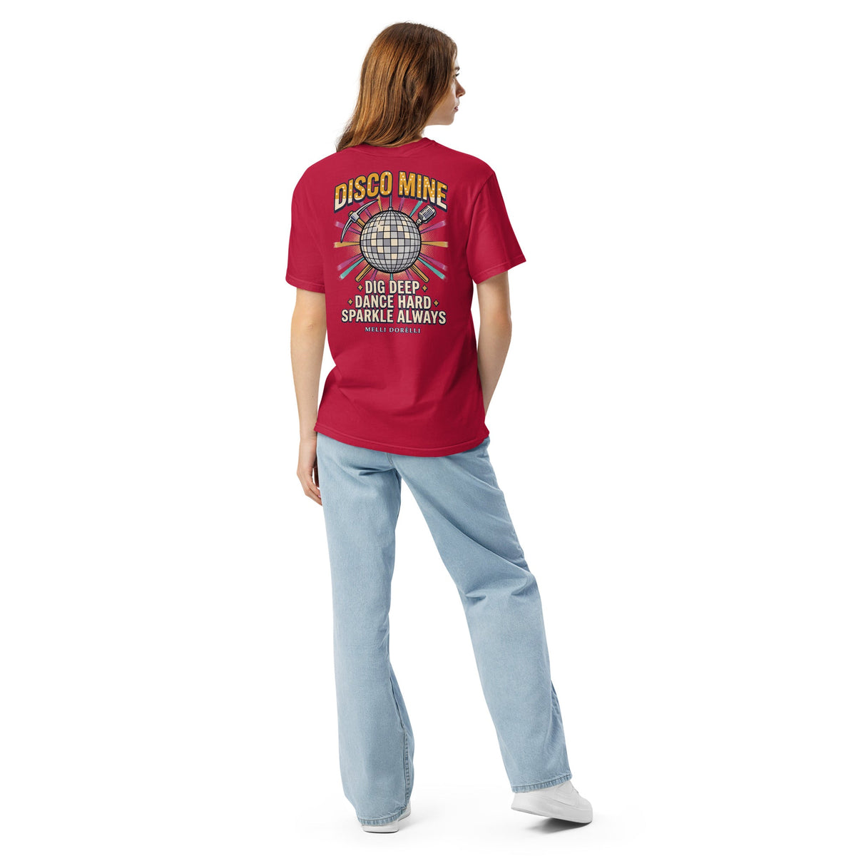 Disco Mine tee in red, back print