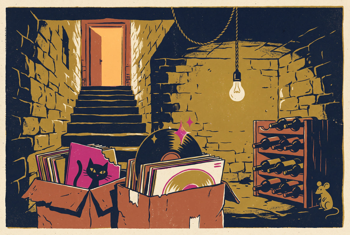 Vintage poster illustration: a stone cellar staircase and a cardboard box overflowing with records